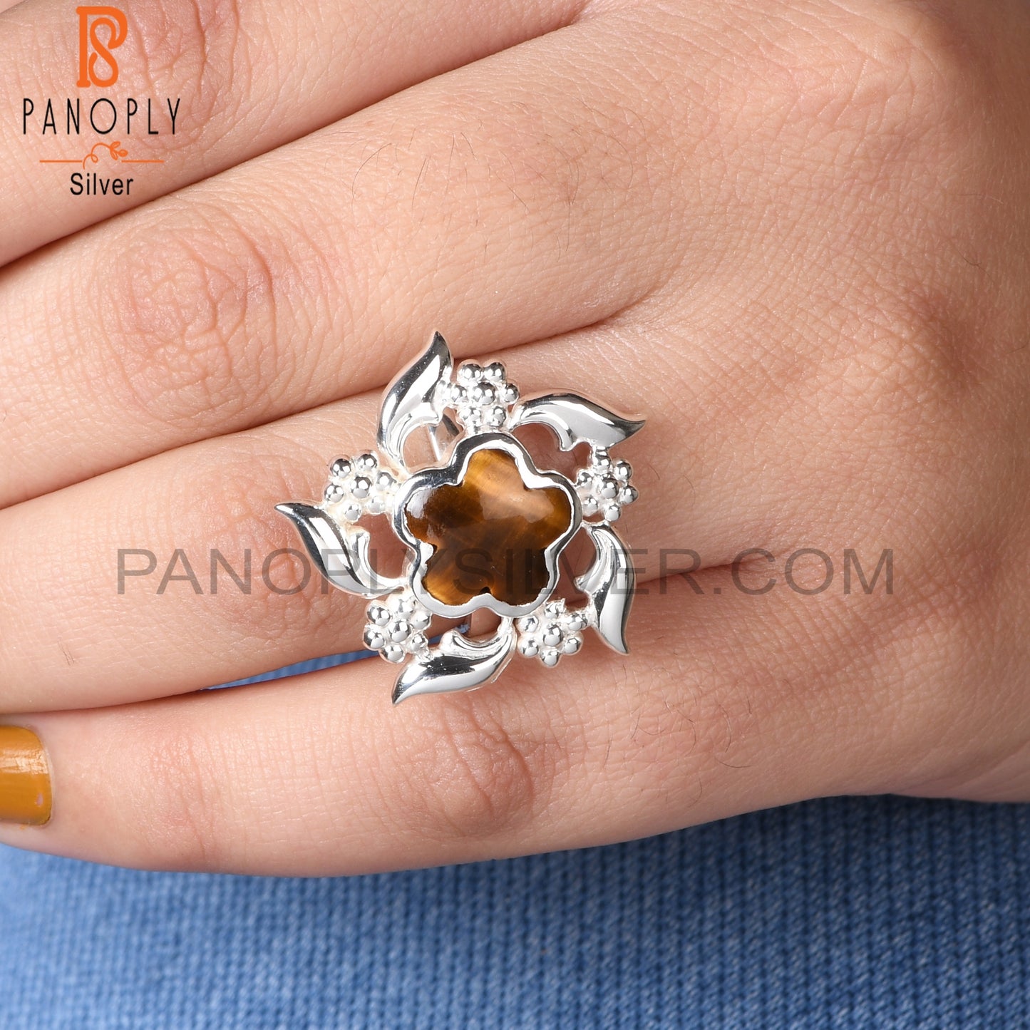 Tiger Eye Yellow Sunflower 925 Sterling Silver Nature Ring