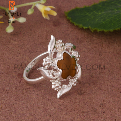 Tiger Eye Yellow Sunflower 925 Sterling Silver Nature Ring