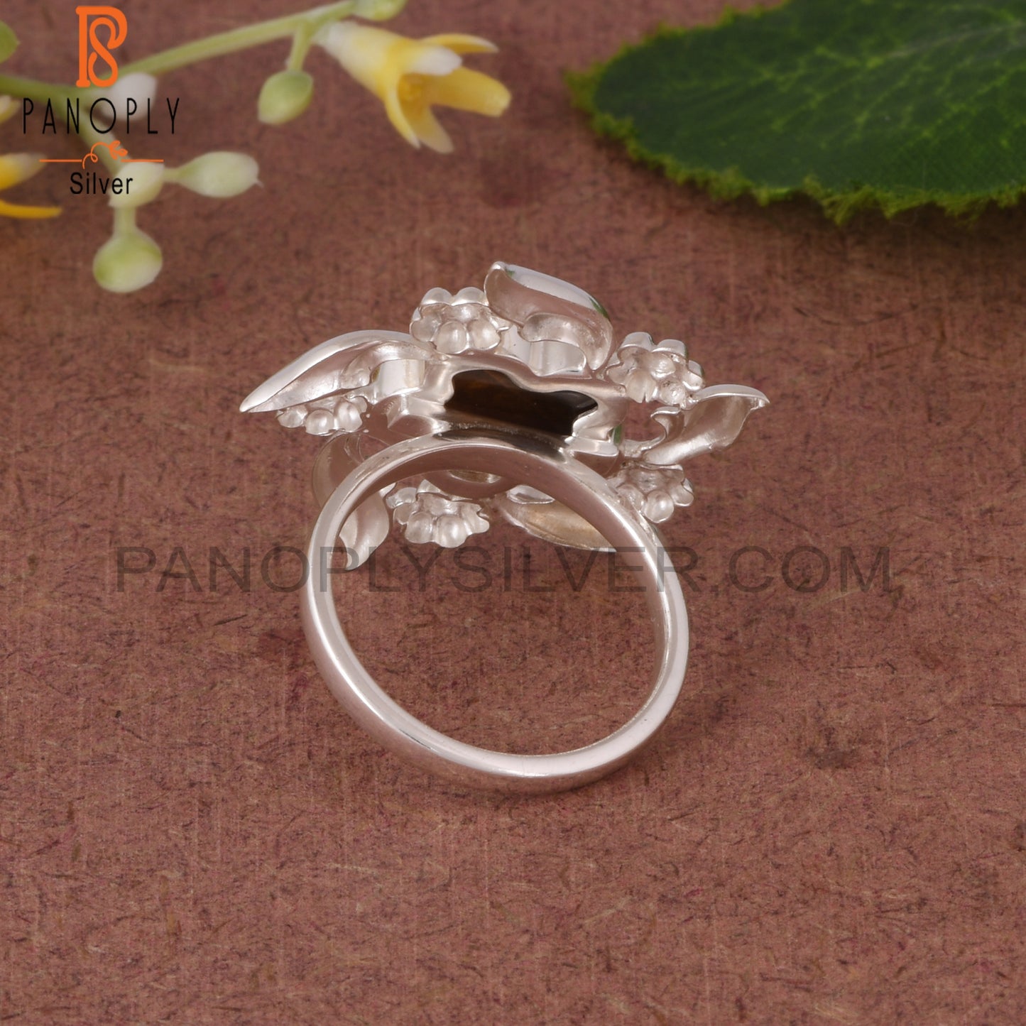 Tiger Eye Yellow Sunflower 925 Sterling Silver Nature Ring
