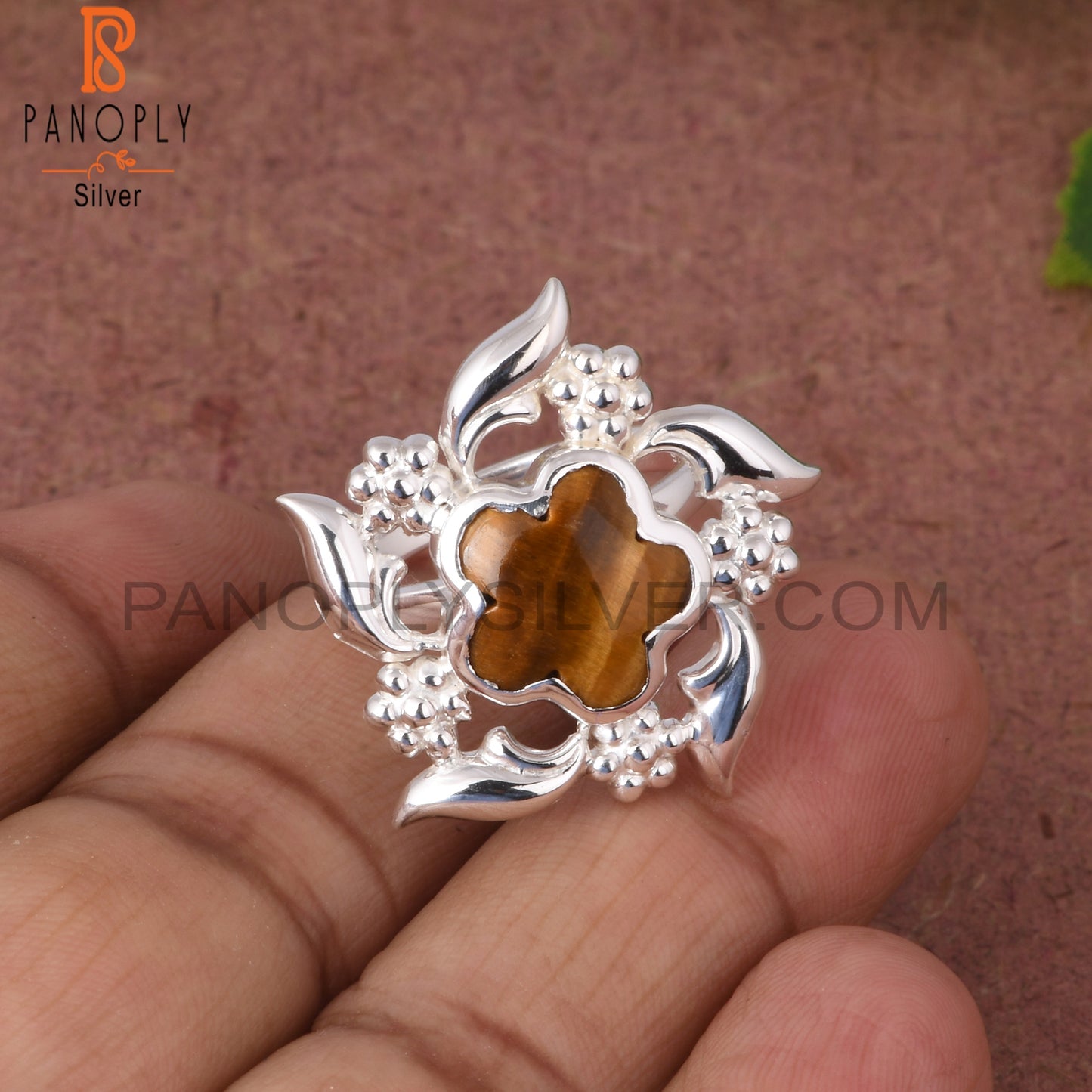 Tiger Eye Yellow Sunflower 925 Sterling Silver Nature Ring