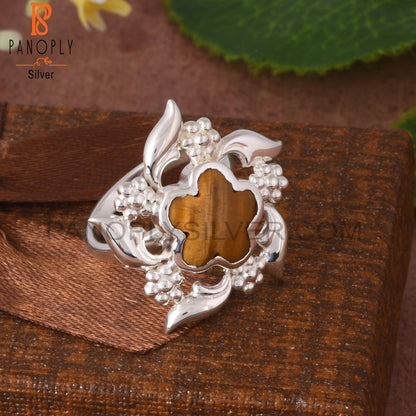 Tiger Eye Yellow Sunflower 925 Sterling Silver Nature Ring
