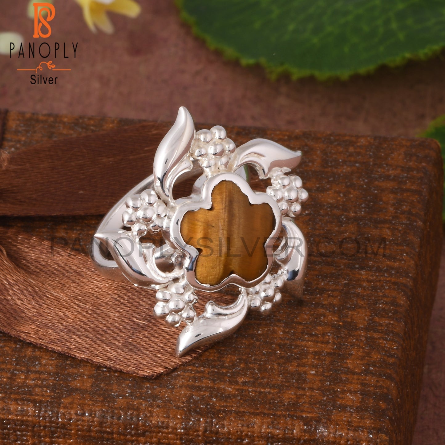 Tiger Eye Yellow Sunflower 925 Sterling Silver Nature Ring
