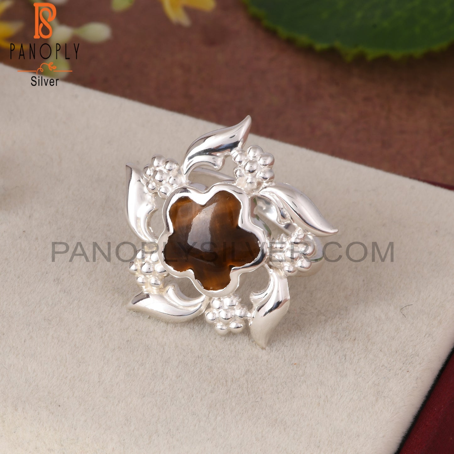 Tiger Eye Yellow Sunflower 925 Sterling Silver Nature Ring