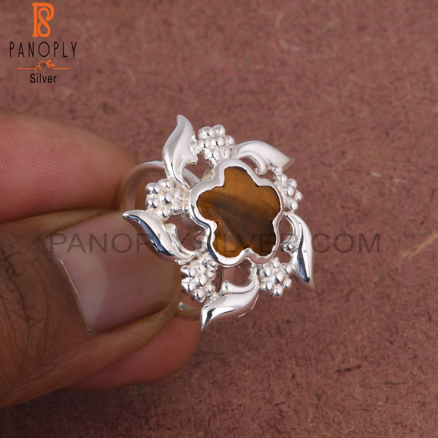 Tiger Eye Yellow Sunflower 925 Sterling Silver Nature Ring
