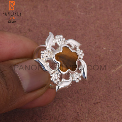 Tiger Eye Yellow Sunflower 925 Sterling Silver Nature Ring