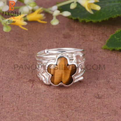 Tiger Eye Yellow Sunflower 925 Silver Leaf Ring
