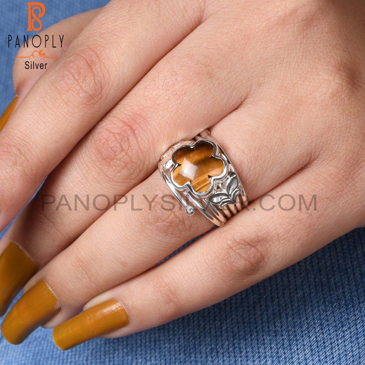 Tiger Eye Yellow Sunflower 925 Silver Leaf Ring