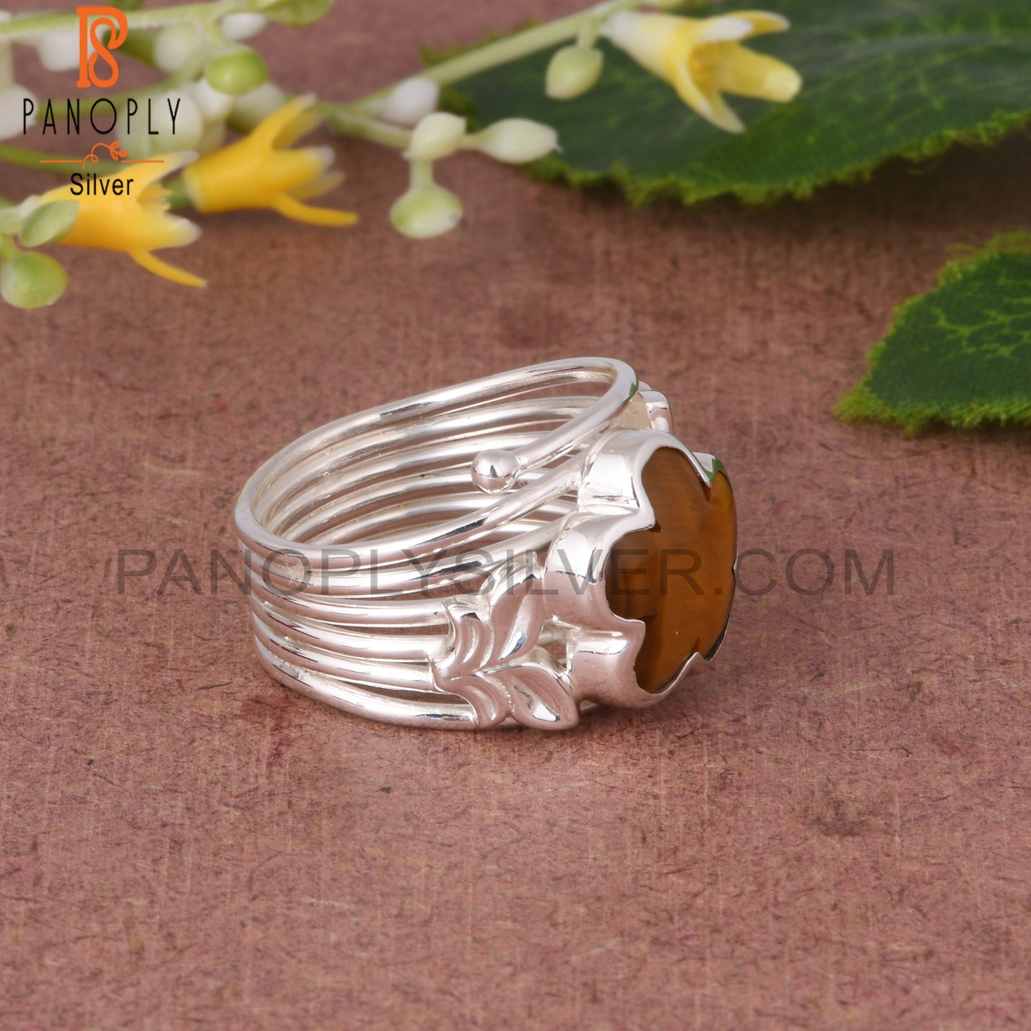 Tiger Eye Yellow Sunflower 925 Silver Leaf Ring