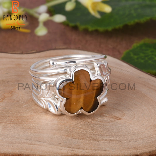 Tiger Eye Yellow Sunflower 925 Silver Leaf Ring