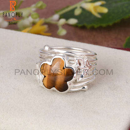 Tiger Eye Yellow Sunflower 925 Silver Leaf Ring