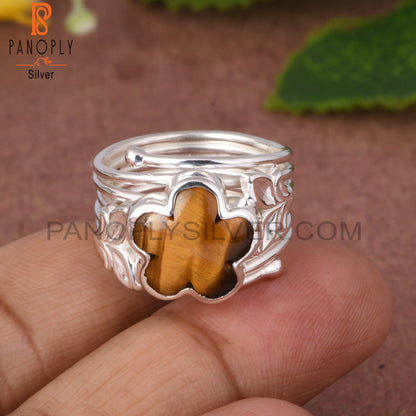 Tiger Eye Yellow Sunflower 925 Silver Leaf Ring