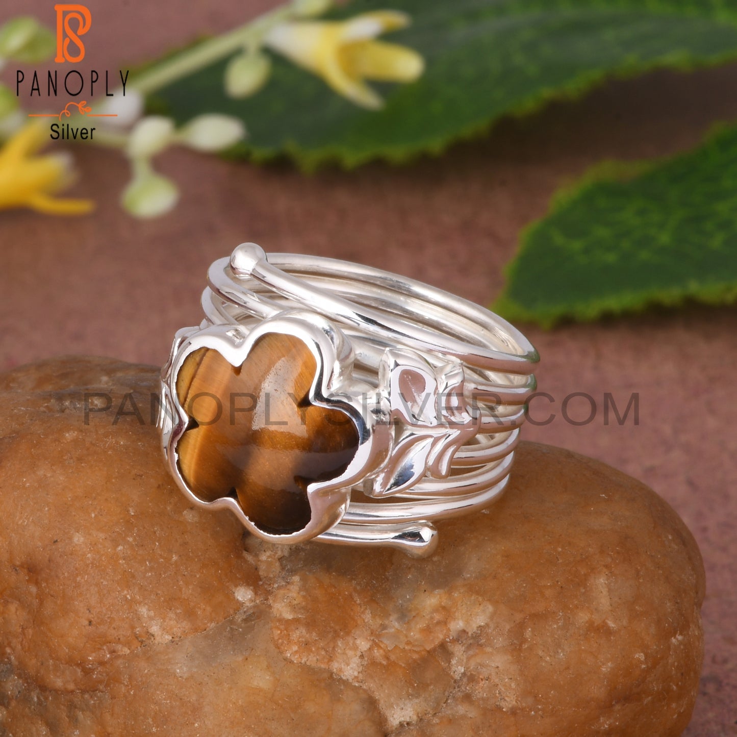 Tiger Eye Yellow Sunflower 925 Silver Leaf Ring
