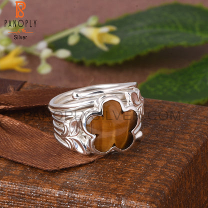 Tiger Eye Yellow Sunflower 925 Silver Leaf Ring