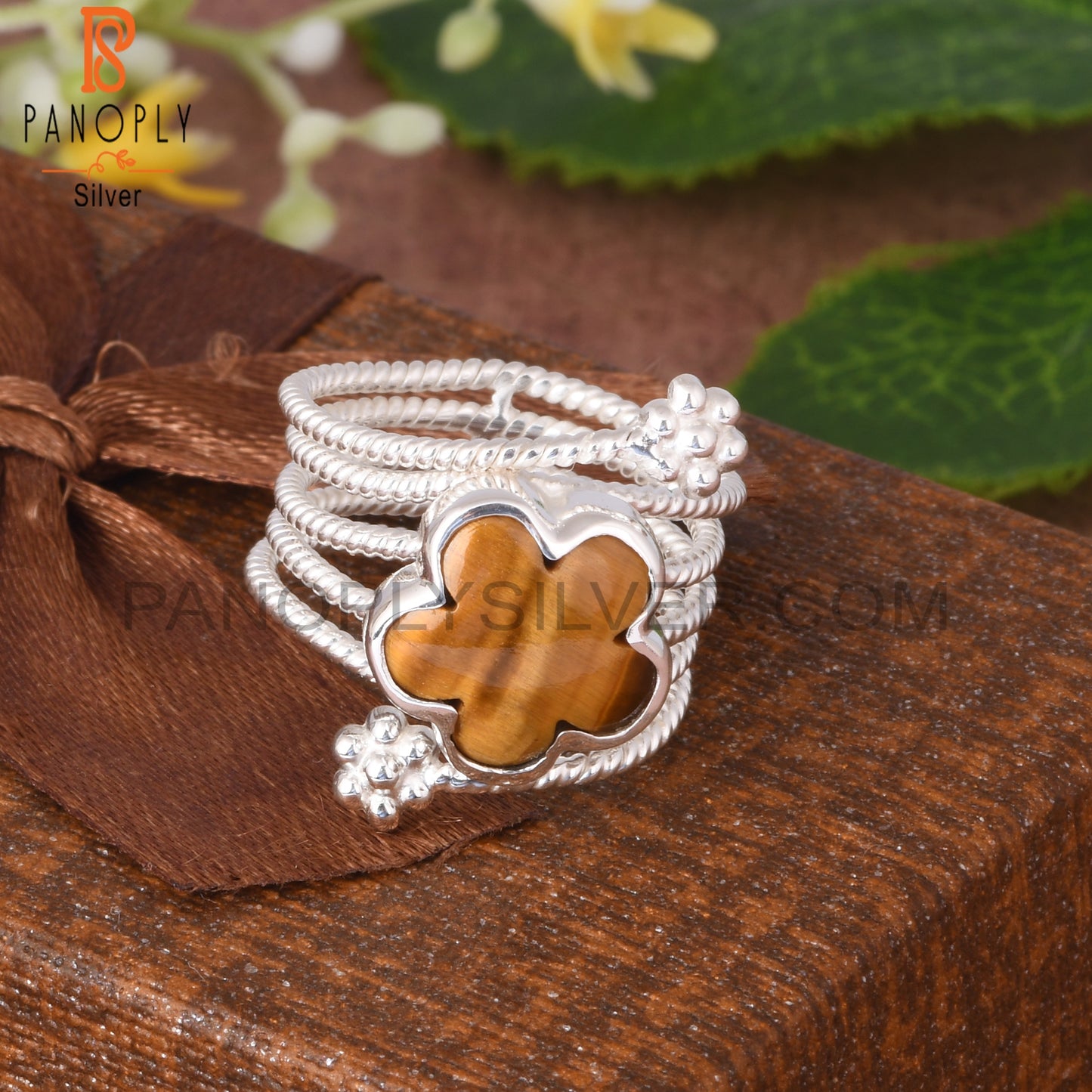 Tiger Eye Yellow Flower Shape 925 Sterling Silver Spiral Ring