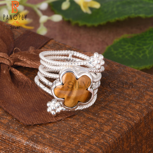 Tiger Eye Yellow Flower Shape 925 Sterling Silver Spiral Ring