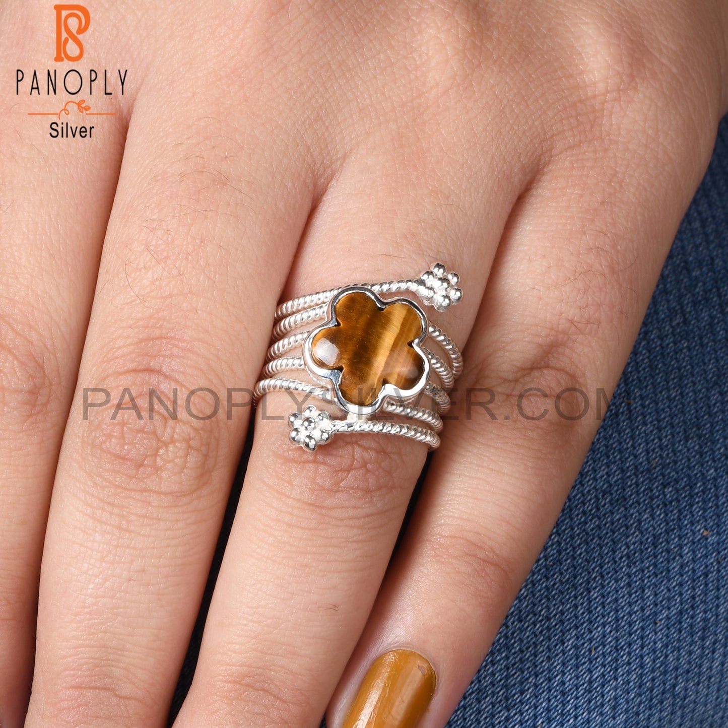 Tiger Eye Yellow Flower Shape 925 Sterling Silver Spiral Ring
