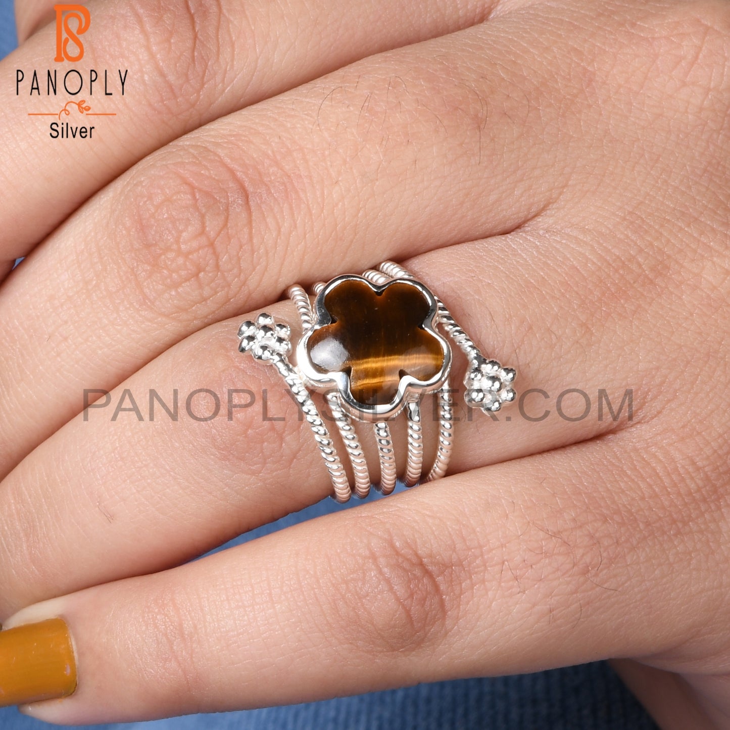 Tiger Eye Yellow Flower Shape 925 Sterling Silver Spiral Ring