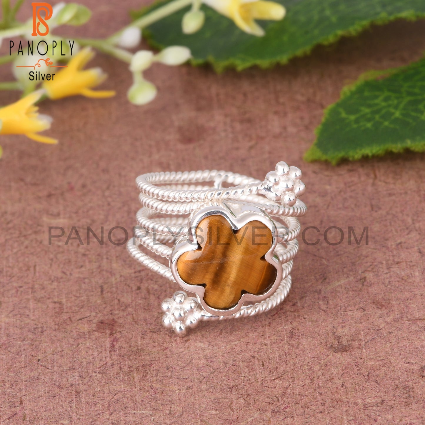 Tiger Eye Yellow Flower Shape 925 Sterling Silver Spiral Ring