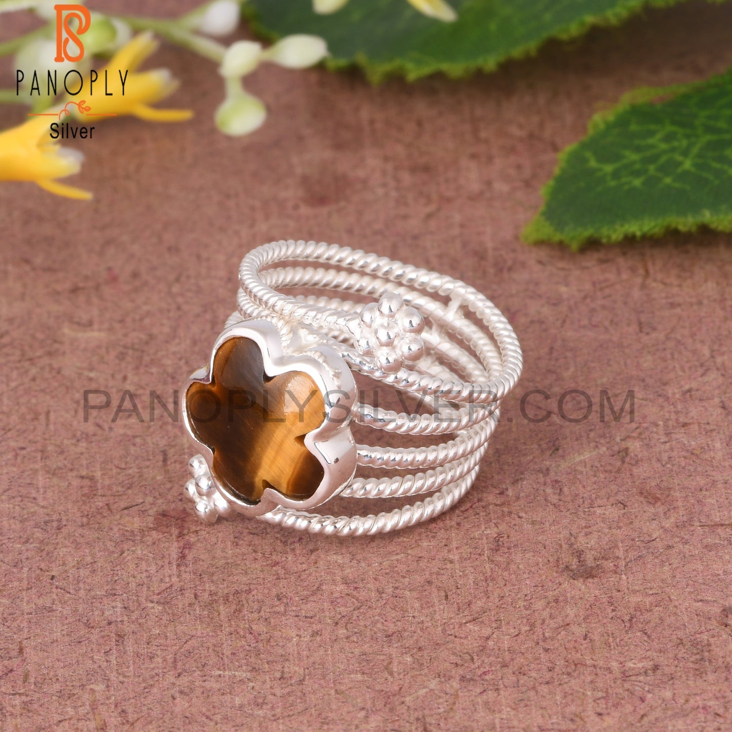 Tiger Eye Yellow Flower Shape 925 Sterling Silver Spiral Ring