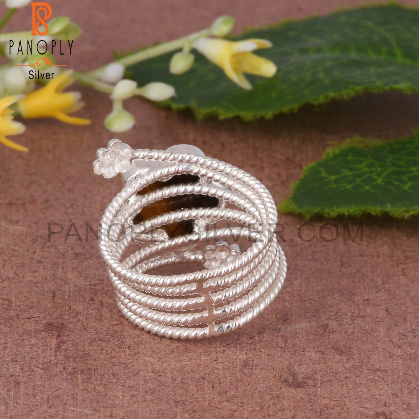 Tiger Eye Yellow Flower Shape 925 Sterling Silver Spiral Ring