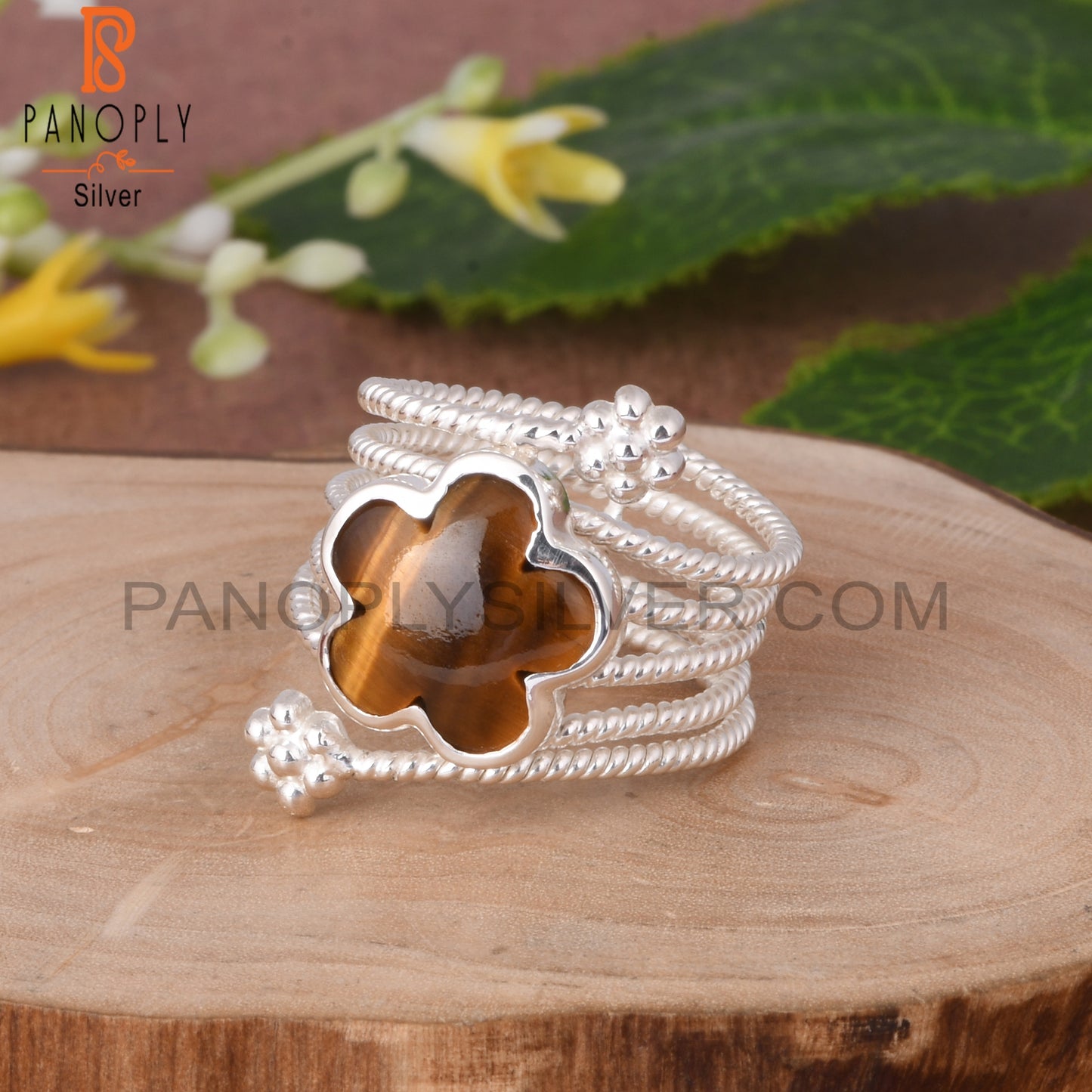 Tiger Eye Yellow Flower Shape 925 Sterling Silver Spiral Ring