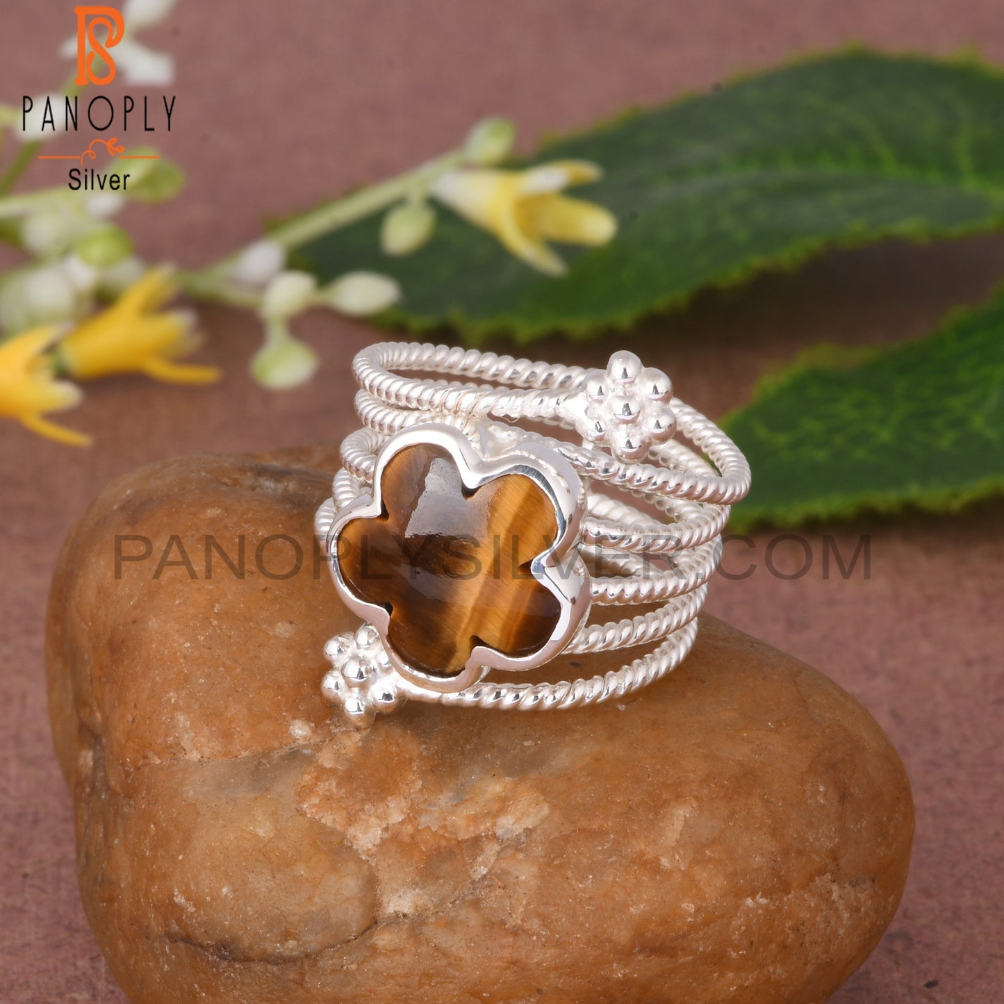 Tiger Eye Yellow Flower Shape 925 Sterling Silver Spiral Ring