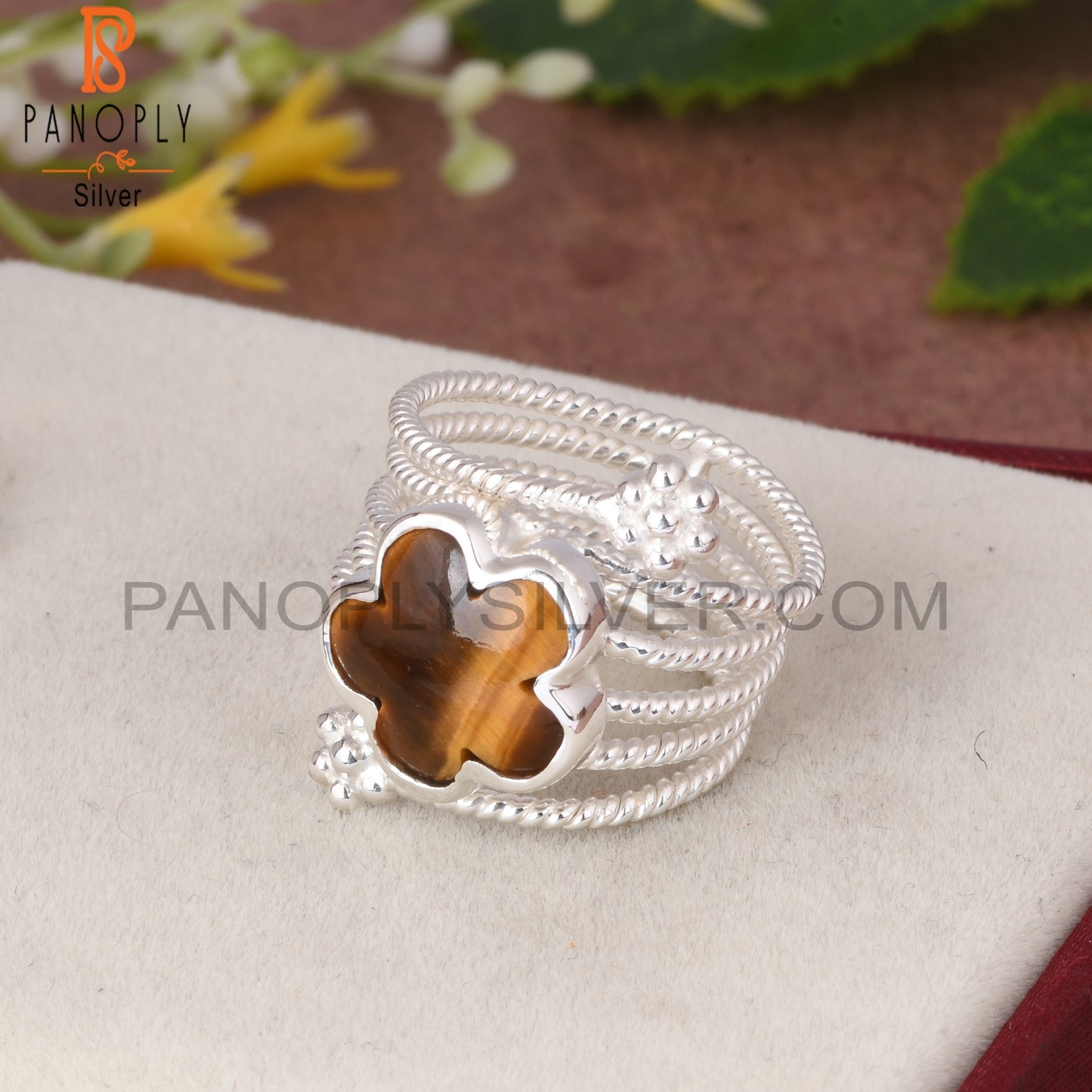 Tiger Eye Yellow Flower Shape 925 Sterling Silver Spiral Ring