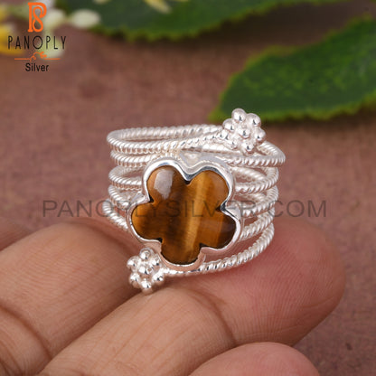 Tiger Eye Yellow Flower Shape 925 Sterling Silver Spiral Ring