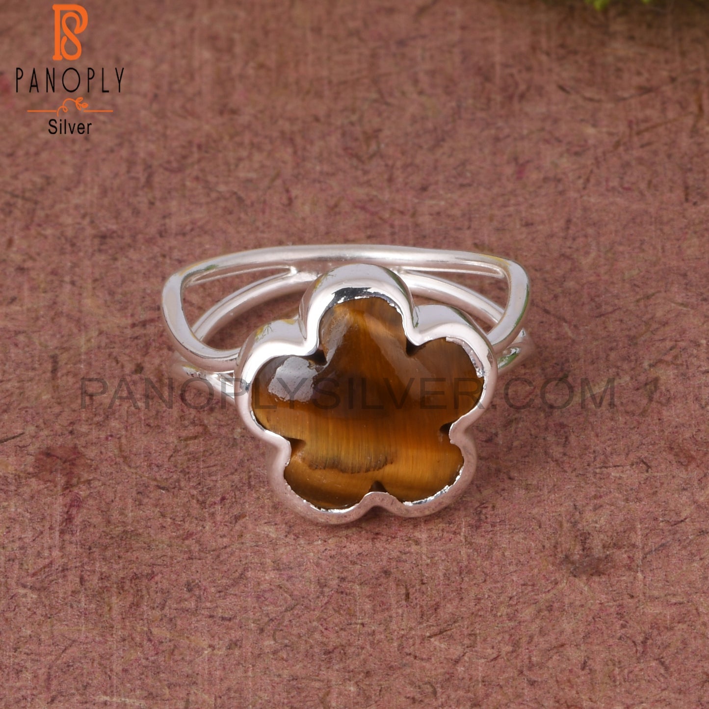 Tiger Eye Yellow Sunflower 925 Silver Two Band Ring