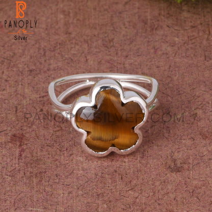 Tiger Eye Yellow Sunflower 925 Silver Two Band Ring