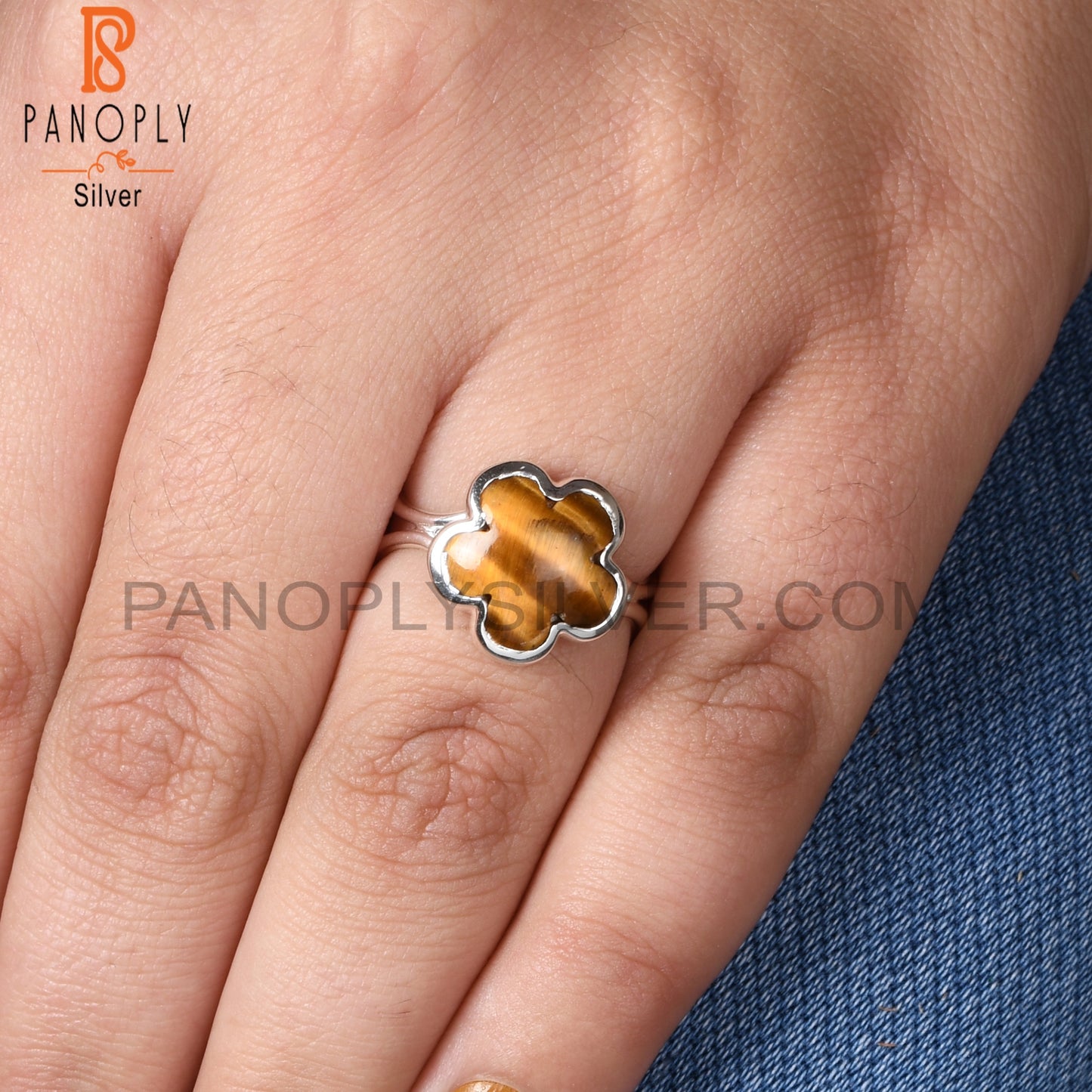 Tiger Eye Yellow Sunflower 925 Silver Two Band Ring