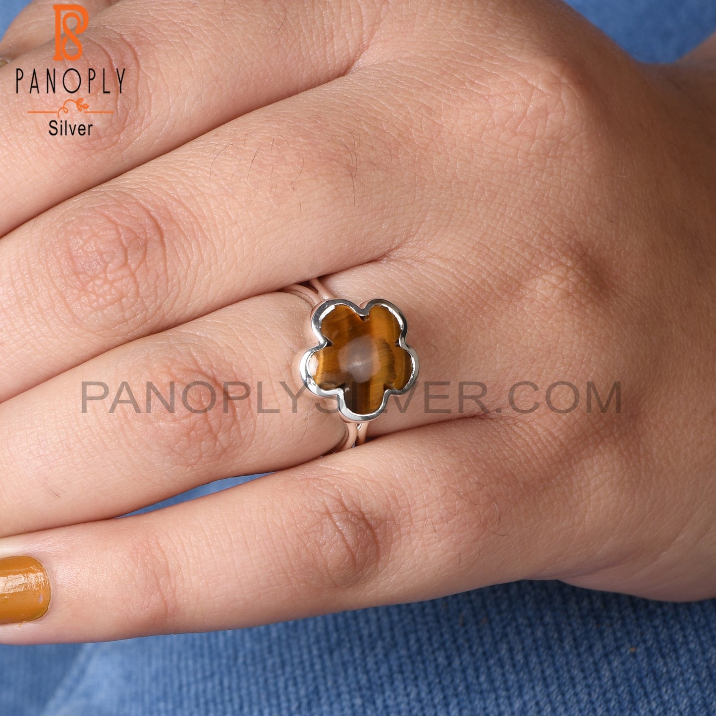 Tiger Eye Yellow Sunflower 925 Silver Two Band Ring