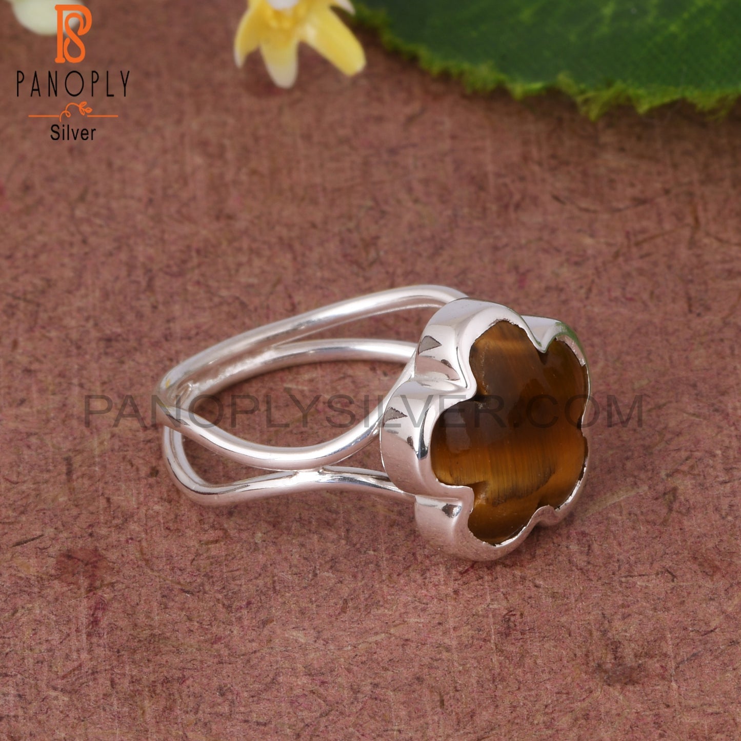 Tiger Eye Yellow Sunflower 925 Silver Two Band Ring