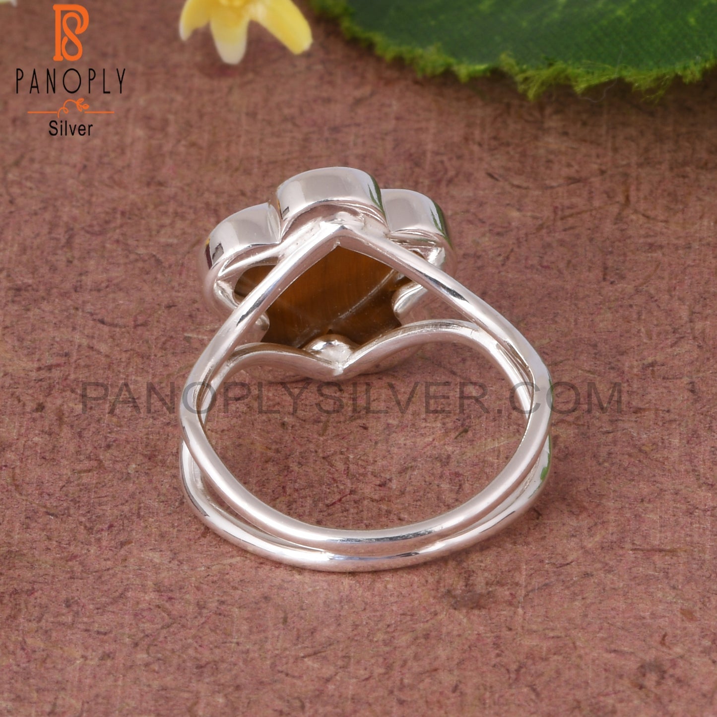 Tiger Eye Yellow Sunflower 925 Silver Two Band Ring