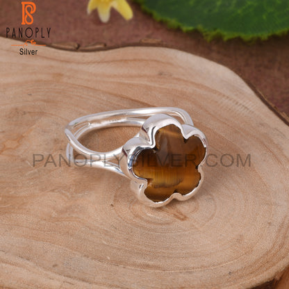 Tiger Eye Yellow Sunflower 925 Silver Two Band Ring