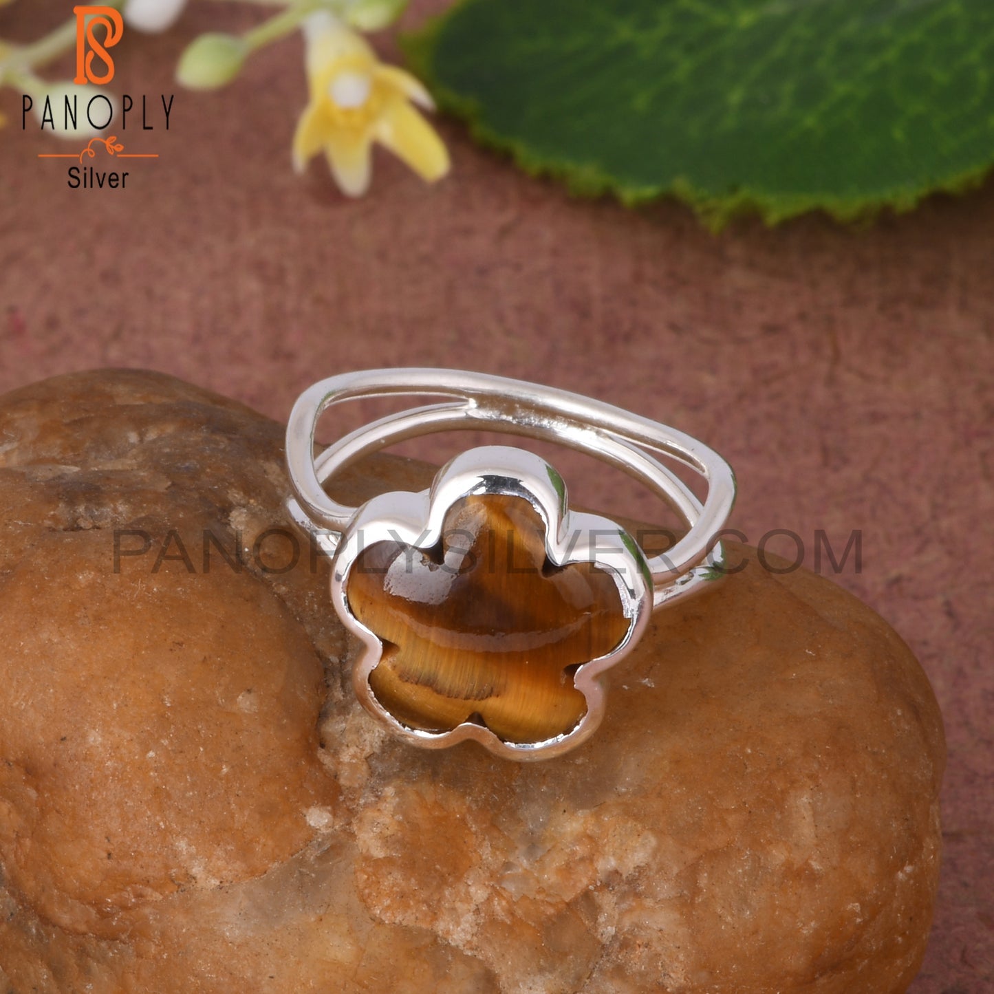 Tiger Eye Yellow Sunflower 925 Silver Two Band Ring
