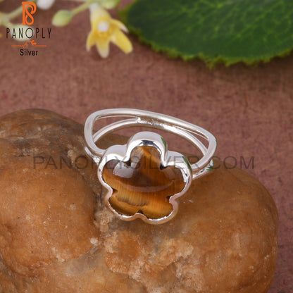 Tiger Eye Yellow Sunflower 925 Silver Two Band Ring