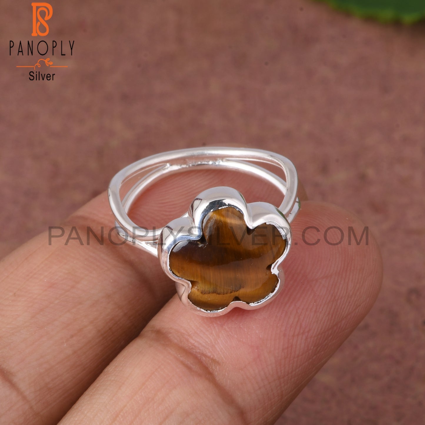 Tiger Eye Yellow Sunflower 925 Silver Two Band Ring