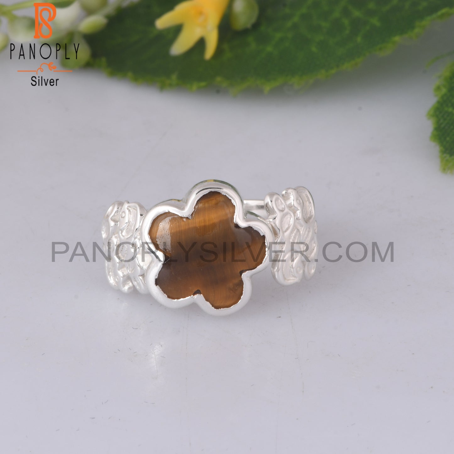Tiger Eye Yellow Flower Shape 925 Sterling Silver Ring