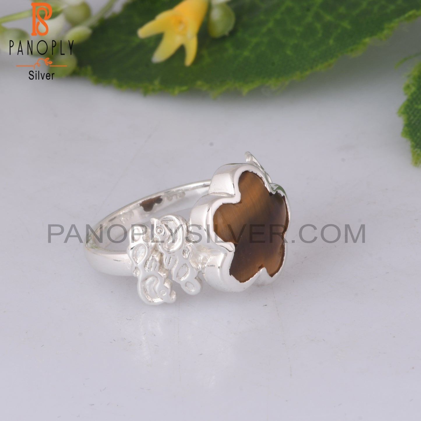 Tiger Eye Yellow Flower Shape 925 Sterling Silver Ring
