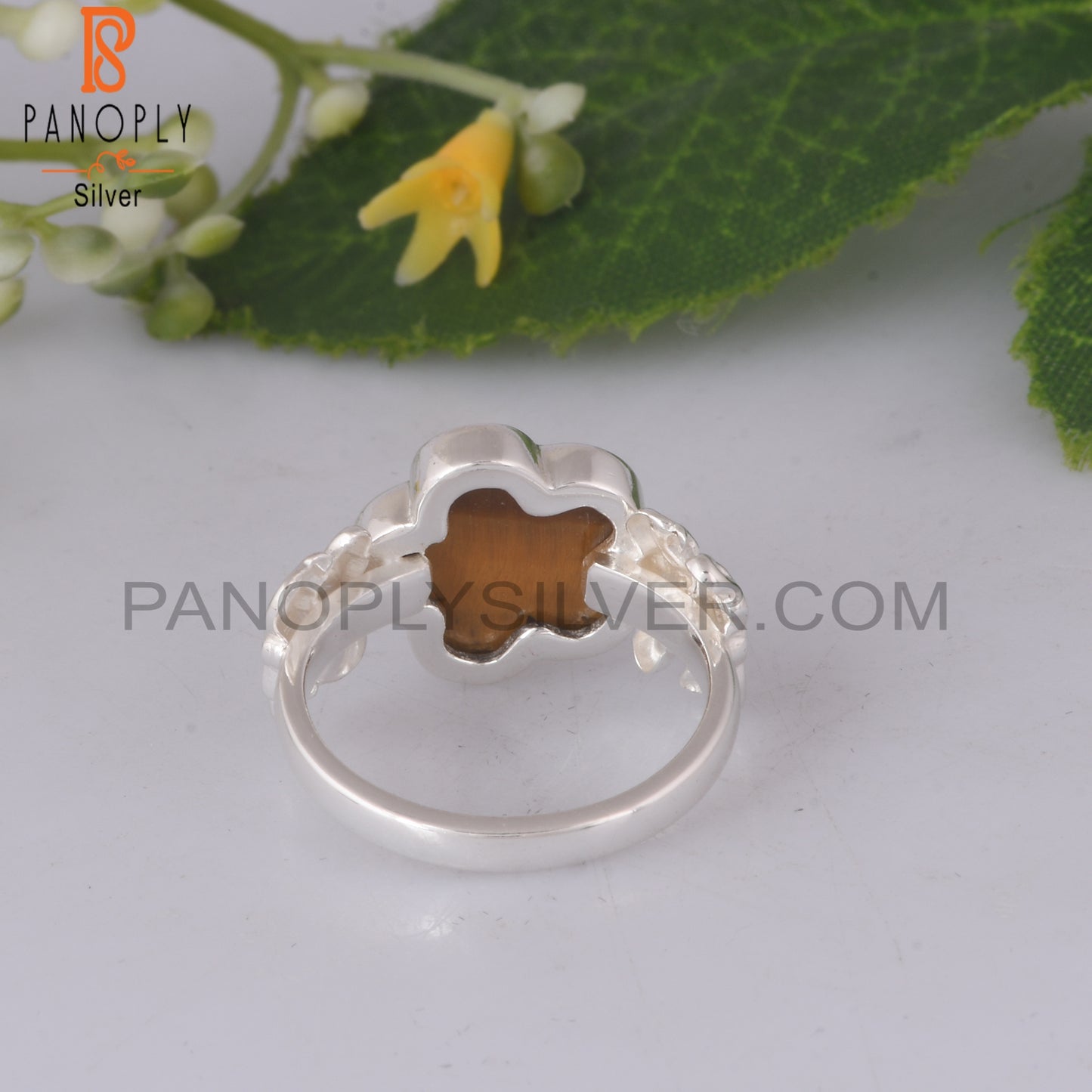 Tiger Eye Yellow Flower Shape 925 Sterling Silver Ring