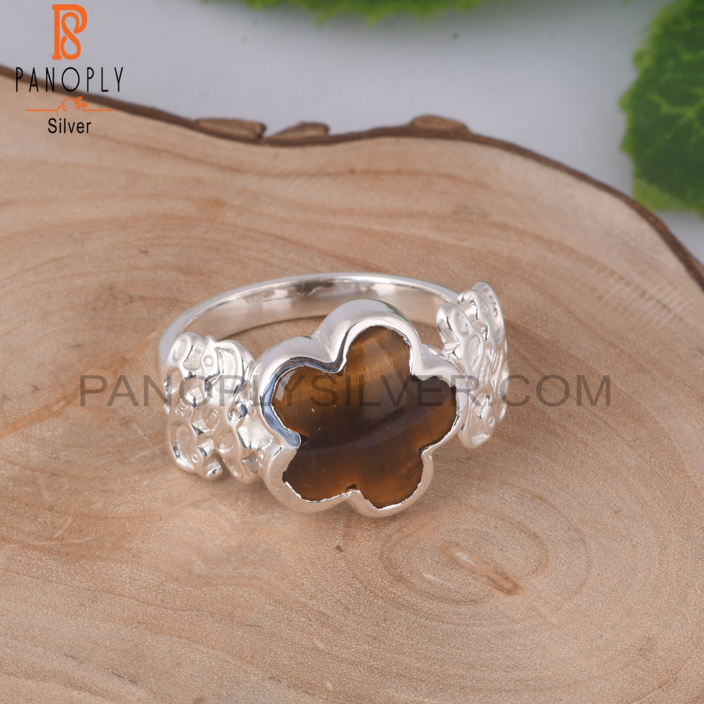 Tiger Eye Yellow Flower Shape 925 Sterling Silver Ring