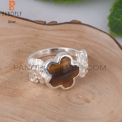 Tiger Eye Yellow Flower Shape 925 Sterling Silver Ring