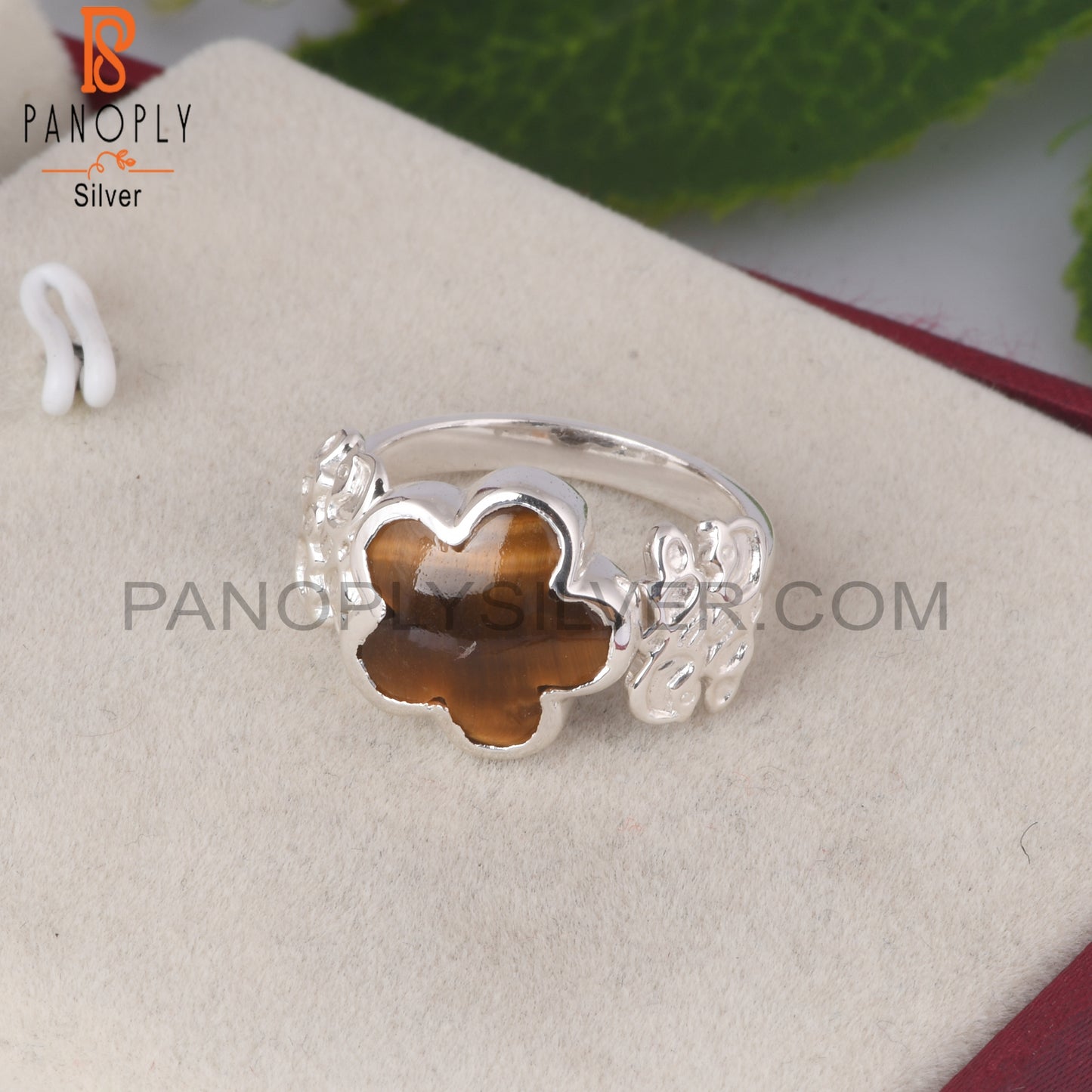 Tiger Eye Yellow Flower Shape 925 Sterling Silver Ring