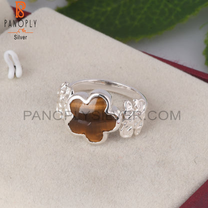 Tiger Eye Yellow Flower Shape 925 Sterling Silver Ring