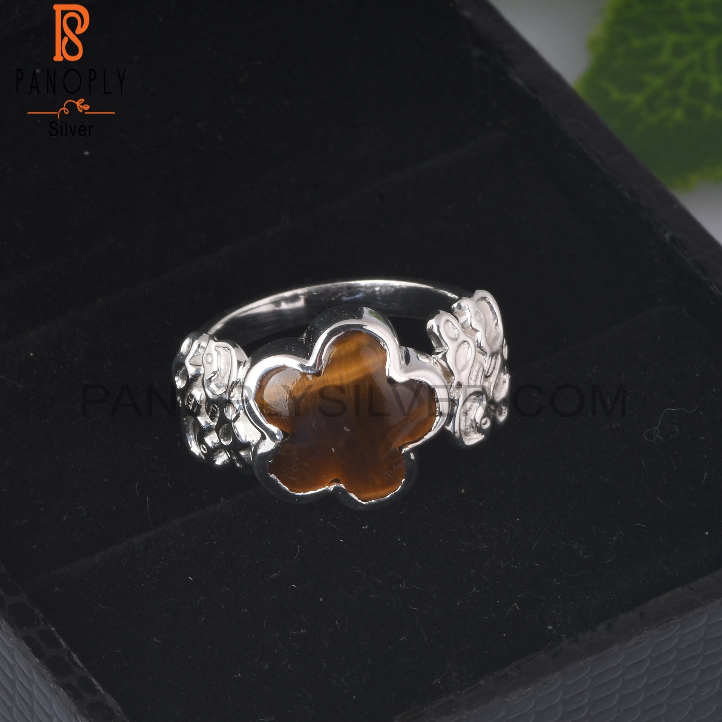 Tiger Eye Yellow Flower Shape 925 Sterling Silver Ring
