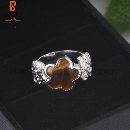 Tiger Eye Yellow Flower Shape 925 Sterling Silver Ring