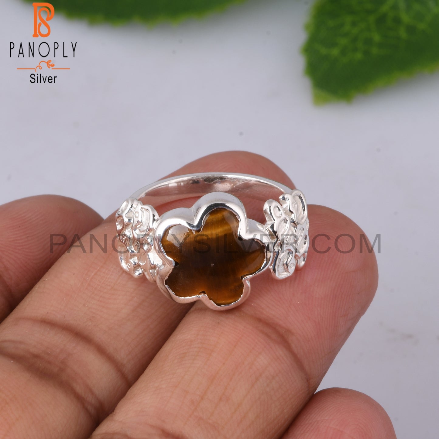 Tiger Eye Yellow Flower Shape 925 Sterling Silver Ring