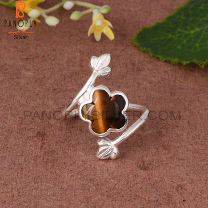 Tiger Eye Yellow By Pass Leaf 925 Sterling Silver Ring