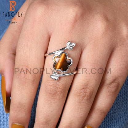 Tiger Eye Yellow By Pass Leaf 925 Sterling Silver Ring